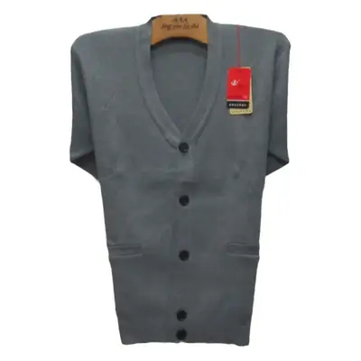 Men Grey Knit V-Neck Cardigan Medium