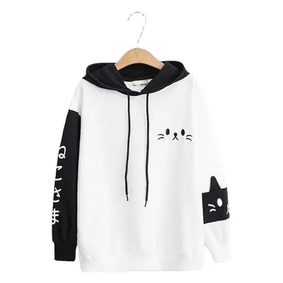 Women Hooded Sweatshirt Black White Cat Print