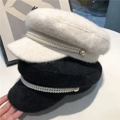 British Style Pearl Plush Military Hat for Women Black White