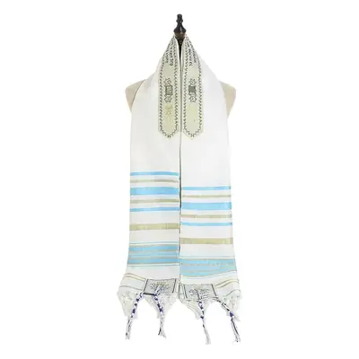 Prayer Shawl Scarf White Blue Striped Tassel Trim