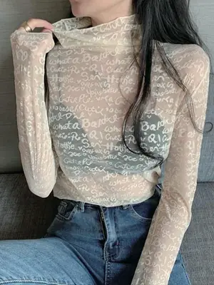 Lace Letter Long Sleeve Top with Half High Collar
