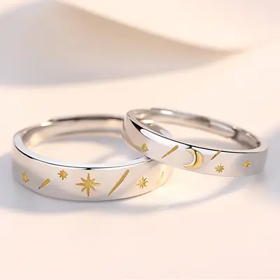 Couple Rings New Sun Moon Star Adjustable Silver Gold