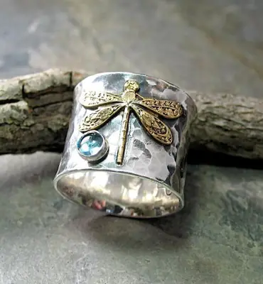Vintage Dragonfly Silver Ring with Aquamarine Stone
