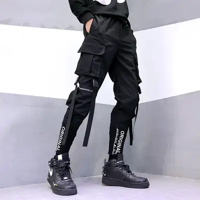 Men Embroidered Hip Hop Pants Black Large Pocket Tapered