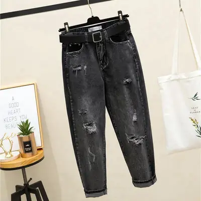 Gray Ripped High Waist Slimming Jeans for Women
