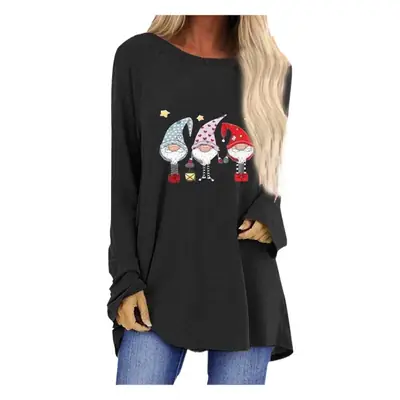 Women Santa Claus Printed Long Sleeve T-Shirt Black