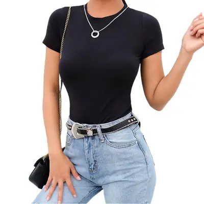 Women 2024 Summer T-Shirt White Round Neck Short Sleeve