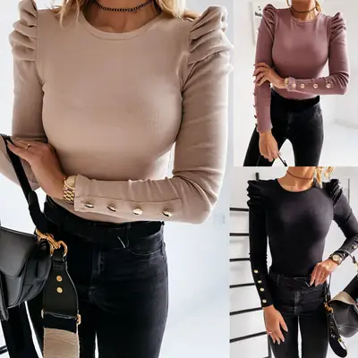 2024 Puff Sleeve Button Top for Women Beige