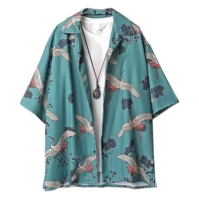 Women Crane Print Short Sleeve Shirt Turquoise Loose Casual