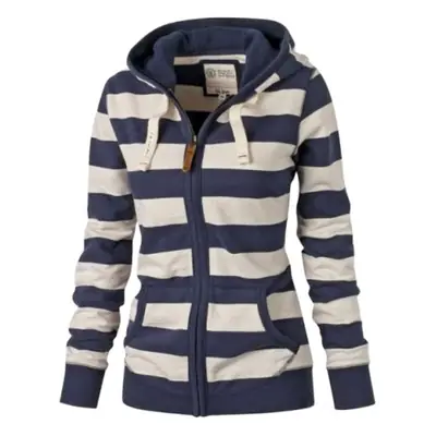 Women's Blue Striped Hooded Jacket Large Winter Wear