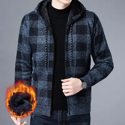 Men's Plaid Stuffed Hooded Winter Jacket Gray Black