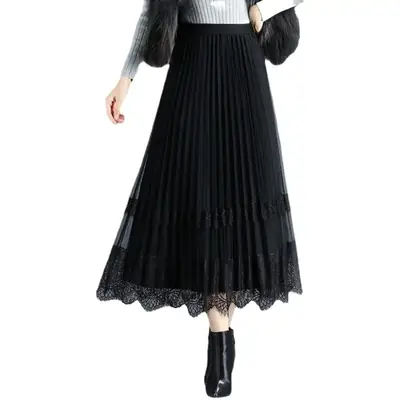 Black Lace Pleated Skirt for Women Large Hem