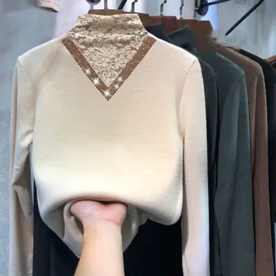 Women's Fleece Lined V-Neck Shirt Brown