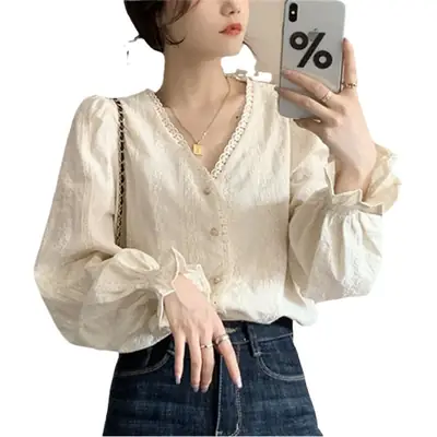 Women's Cream Long Sleeve V-Neck Shirt Spring Autumn 2023