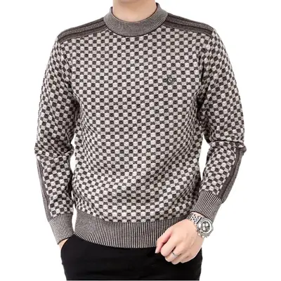 Middle-aged Men Plaid Pullover Sweater Black Thick Mercerized