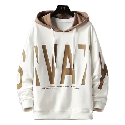Men's White Graphic Hoodie with Brown Hooded Neck