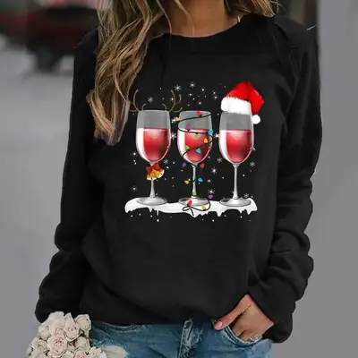 Christmas Printed Long Sleeve Hoodie for Women Grey