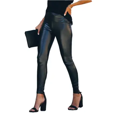 Women's Black Leather Skinny Leggings High Waist Sexy Plus Size
