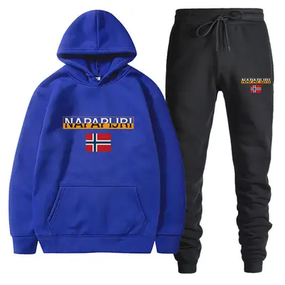 Men Women Black Fleece Hoodie Set with Flag Print