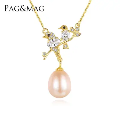 Pag&Mag S925 Silver Freshwater Pearl Pendant Necklace for Women Retro Elegant Bird Zircon Necklace Clavicle Chain