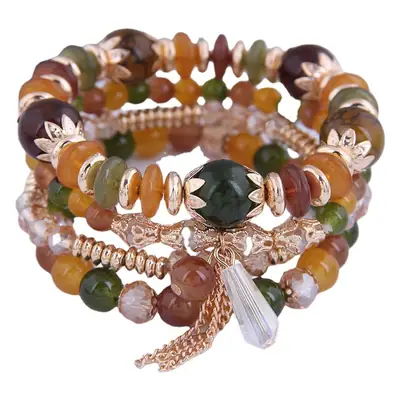Multi-layer Crystal Bead Bracelet with Tassels
