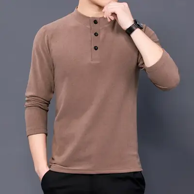 Men's Grey Velvet Fleece Long Sleeve Collar T-Shirt