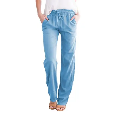 Women Drawstring Wide Leg Pants Red Cotton Linen