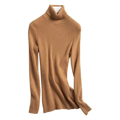 Blue Ribbed Women's Turtleneck Sweater High Neck Slim Fit
