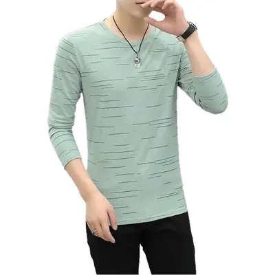 Men White Striped Long Sleeve T-Shirt Round Neck