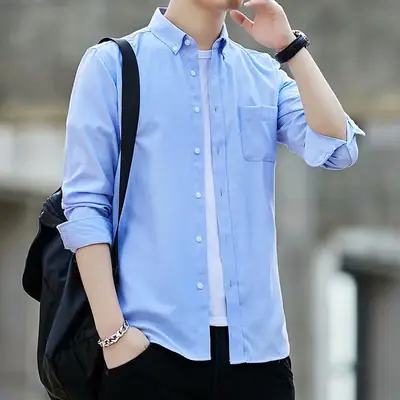 Men Navy Blue Long Sleeve Button Shirt with Loose Sleeve