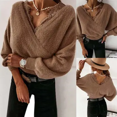 Lace Flannel Long Sleeve Top Brown