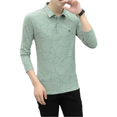 Men's Green Embroidered Long Sleeve Polo Shirt