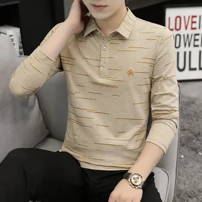 New Autumn Long Sleeve Polo Shirt Pink Business Stripes