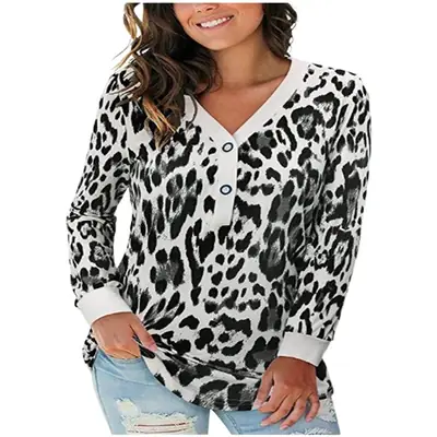 Women Leopard Print V Neck Long Sleeve T-Shirt
