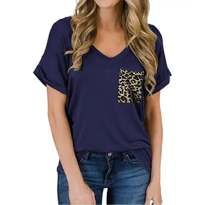 Women V-Neck Leopard Pocket T-Shirt White