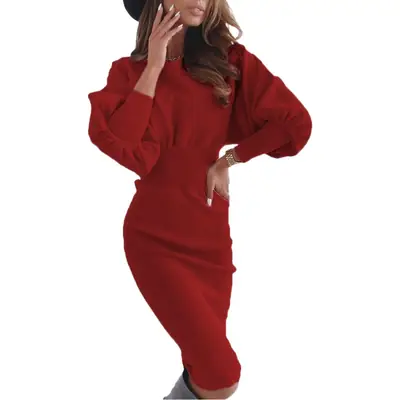 Women's Knit Hip Dress Round Neck Waist Casual Set