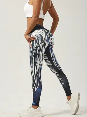 Digital Print Angel Wings Yoga Pants High Waist Slim Fit