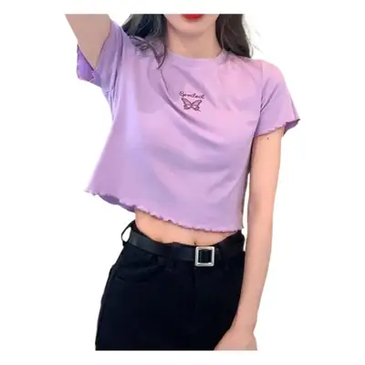 Women Purple Butterfly Short T-Shirt High Waist Slim Fit