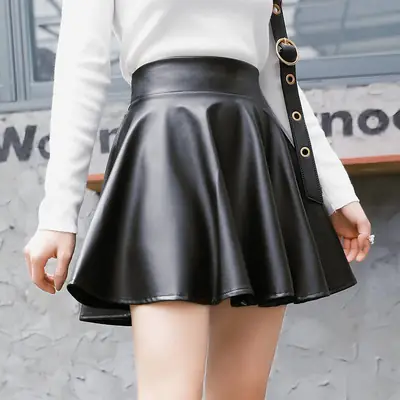 Black PU Leather Pleated Skirt for Women High Waist