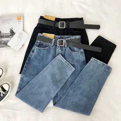 Women's Blue Denim Straight Pants Slimming High Waist 2020