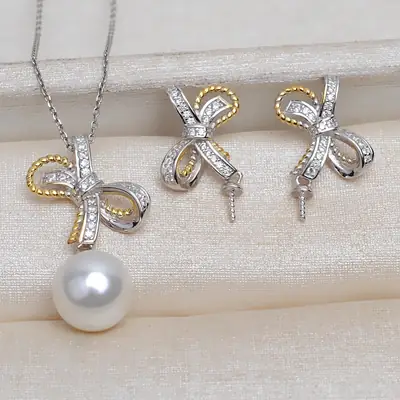 S925 Silver Bow Earrings & Pearl Pendant Set