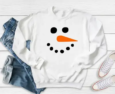 Grey Snowman Face Sweatshirt Round Neck Long Sleeve
