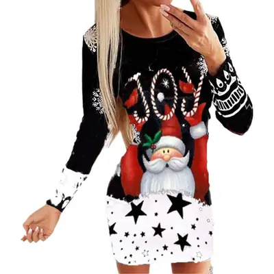2022 Christmas Printed Long Sleeve Crewneck Turtleneck Hip Dress