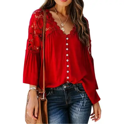 Women Lace Long Sleeve V-Pullup Shirt