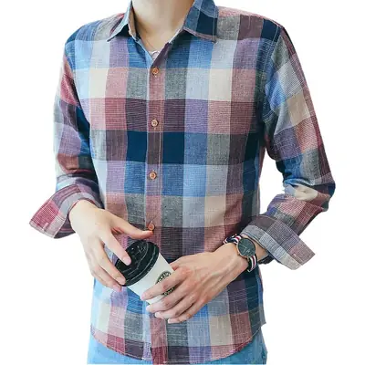 Men's Long Sleeve Plaid Shirt Sunscreen Korean Style