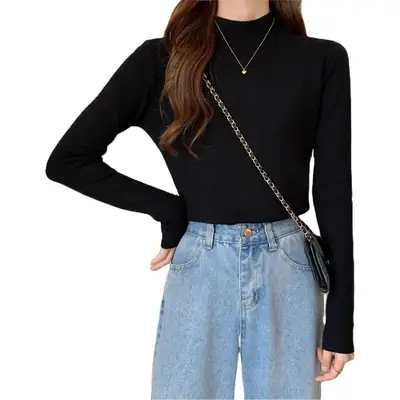 Women's Black Half Turtleneck Sweater with Chain Crossbody