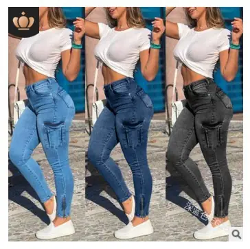 Women's Blue Zipper Pleated Slim Fit Jeans High Waist