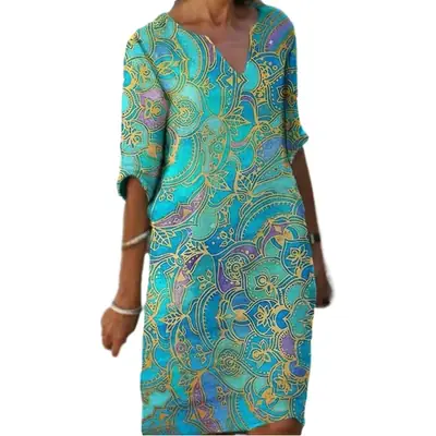 2024 Printed V-Neck Plus Size Shirt Dress