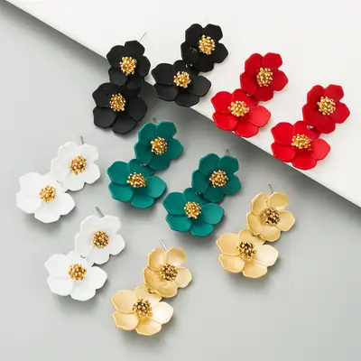 Black Flower Earrings for Women Silver Pin Earrings