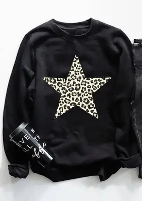 Black Leopard Print Sweatshirt with Five-Point Star Design